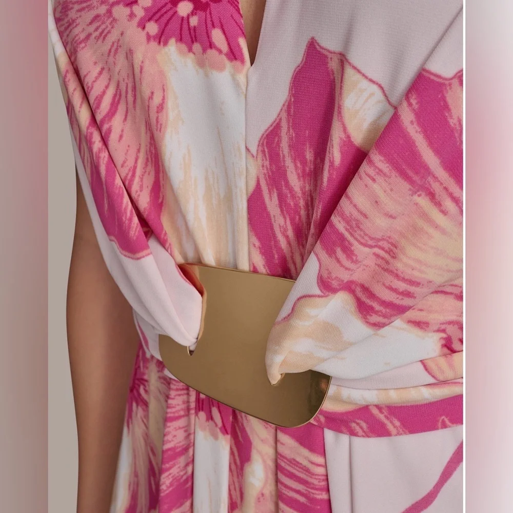 NWT Donna Karan Floral A-Line Midi Dress. Size 12. Misty Rose Pink - Picture 9 of 10